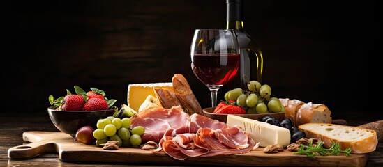 Assorted wine and charcuterie cheese board and open space for text Parma ham blue cheese olives salmon sandwiches Italian antipasti or Spanish tapas Side view with room for text