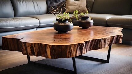 Live edge wooden accent coffee table near sofa close up. Interior design of modern living room.