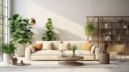 Interior of light living room with sofas and Monstera houseplant Interior of light living room with sofas and Monstera houseplant