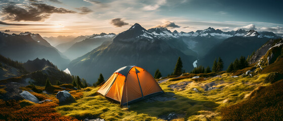 mountainous tourist camp, with a tent in the foreground - obrazy, fototapety, plakaty