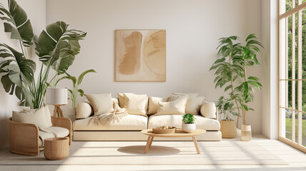 Interior of light living room with sofas and Monstera houseplant Interior of light living room with sofas and Monstera houseplant