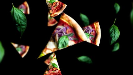 Falling pizza slice in black background, loop