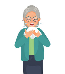 Senior elderly woman with runny nose holding a handkerchief or tissue sneezing and blowing because of fever, cold, flu, allergy, virus infection