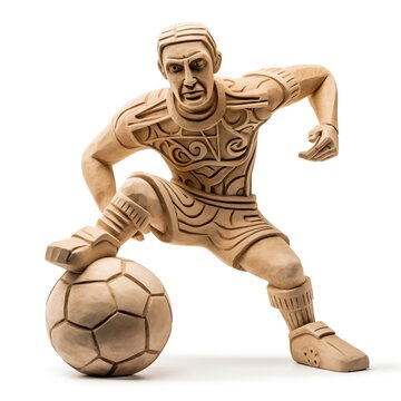 A soccer player designed in rustic mayan art carved in stone
