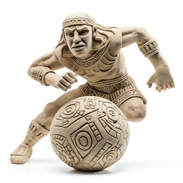 A soccer player designed in rustic mayan art carved in stone