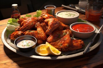 A plate of chicken wings with a variety of sauces