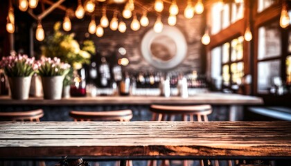 Fototapeta na wymiar empty rustic bar restaurant cafe wooden table space platform with defocused blurry pub interior sunny weather autumn summer spring warm cozy house cottage core mockup product display background