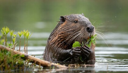 wet eurasian beaver castor fiber eating leaves in swamp in summer aquatic rodent gnawing greens in water brown mammal holding twigs in lake