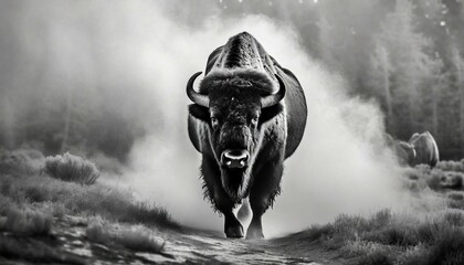 bison walking out of the mist greyscale image