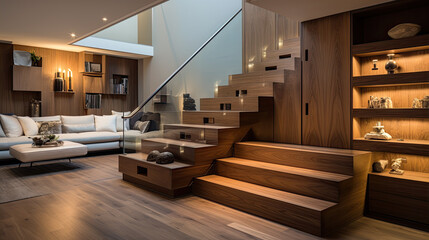 Luxury contemporary interior design in a multi storey home with sleek wooden stairs and custom cabinets under them for storage - Powered by Adobe