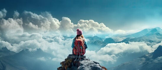 A happy girl in a turquoise helmet and windbreaker sits atop a mountain the traveler achieved their climb - obrazy, fototapety, plakaty