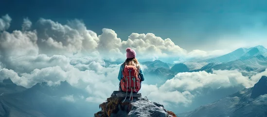 Gordijnen A happy girl in a turquoise helmet and windbreaker sits atop a mountain the traveler achieved their climb © AkuAku