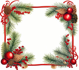 a Christmas frame with pine branches, ribbon, and holly berries