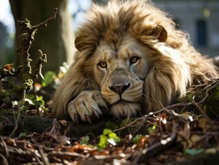 Naklejka na ściany i meble Male lion lying on the ground in the zoo. Close-up.