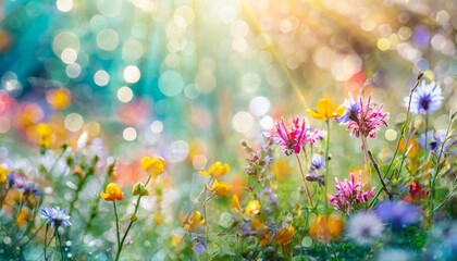 Obraz na płótnie Canvas colorful flower meadow with sunbeams and bokeh lights in summer nature background banner with copy space summer greeting card wildflowers spring concept