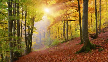 tranquil autumn scenery in a colorful beech forest with a beam of soft light in slightly misty atmosphere