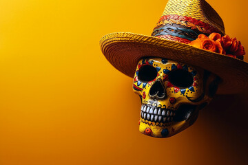 colorful Mexican skull art background, copy space. design for Dia de los Muertos, Halloween, Cinco de Mayo