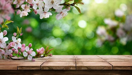 spring time background with wooden planks in the garden blossoms on a table in a beautiful green garden with a blurred bokeh generative ai season banner flowers on green background cherry blossom - obrazy, fototapety, plakaty