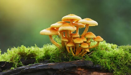 hypholoma sublateritium fasciculare sulphur tuft inedible mushroom cluster in old wood tree trunk stump with fresh wet green moss bright forest nature close up macro background
