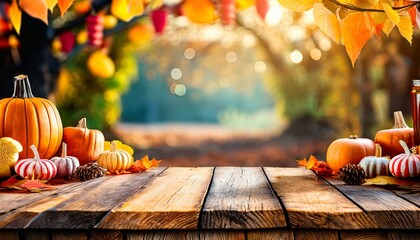 beautiful empty wooden rustic table thanksgiving day holiday festive decoration product beverage food placement display with blurred natural background