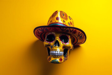 colorful Mexican skull art background, copy space. design for Dia de los Muertos, Halloween, Cinco de Mayo