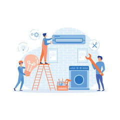 Happy servicemen repairing machines at home flat vector illustration. flat vector modern illustration 