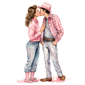 Watercolor Cute Couple Kissing Valentine Clipart Illustration
