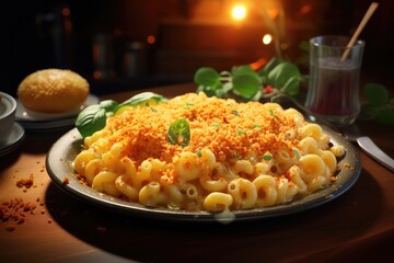 A plate of mac and cheese with a melted cheese crust