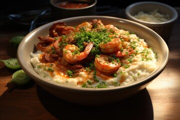 A bowl of shrimp and grits with a creamy sauce
