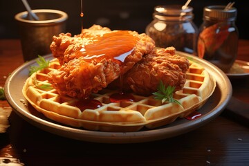 A plate of chicken and waffles with maple syrup and hot sauce - obrazy, fototapety, plakaty