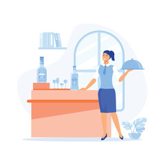 Housekeeper in uniform making bed in room, cleaning lady, room service, breakfast in bed, hotel management, hospitality business vector cartoon.flat vector modern illustration 