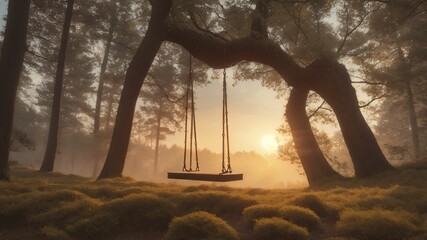 a swing in the middle of a forest with fog and sun shining through the trees
