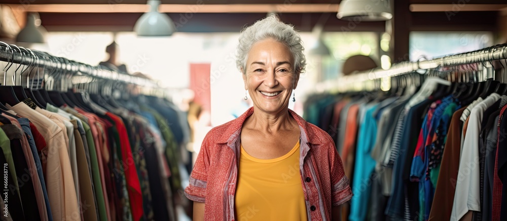 Wall mural Female volunteer in thrift store selling sustainable clothing