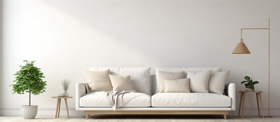 Scandinavian style living room with white sofa depicted in