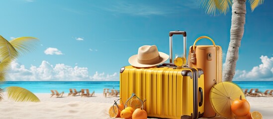 Summer travel concept with a yellow suitcase and beach accessories on a blue background - obrazy, fototapety, plakaty