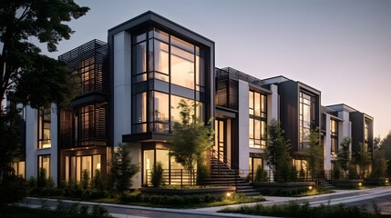 Modern modular private townhouses. Residential minimalist architecture exterior. Created with generative Ai - obrazy, fototapety, plakaty