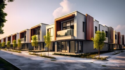 Fototapeta na wymiar Modern modular private townhouses. Residential minimalist architecture exterior. Created with generative Ai