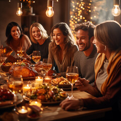 Obraz na płótnie Canvas Thanksgiving Gathering: Cozy Table, Hearty Meal, Happy Faces