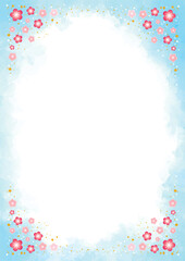 濃いピンクの梅の花で飾った水色の水彩系フレーム-縦型