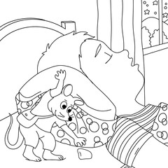 Ratoncito Pérez cogiendo un diente de debajo de la almohada de un niño mientras duerme.