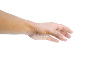 Male hand reaching for something on white background business concept.