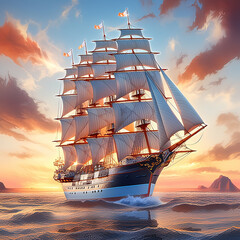 Big sailing ship at sunset sailing through the sea with a blue and orange sky on the background....