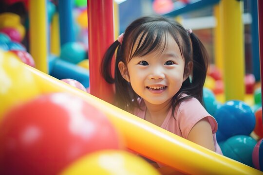 Asian korean little girl playing at indoor playground