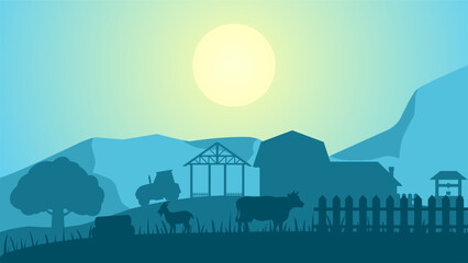Countryside in the morning landscape vector illustration. Farm silhouette landscape with barn, tractor and livestock. Rural agriculture silhouette for background, wallpaper or landing page © Moleng24