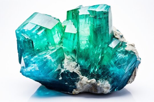 Amazing macro closeup of green blue rare fluorite mineral specimen isolated on white background. Rare double color mineral gem stone (fluorspar) from Rogerley in England. Natural cubic : Generative AI