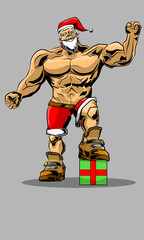 illustration of a bodybuilder Santa posing