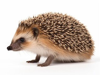 Obraz premium Adult male Four toed Hedgehog aka Atelerix albiventris. Sitting side ways, looking curiously up. Isolated on a white background. : Generative AI