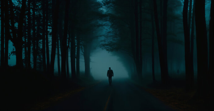 Man walking on the road in the misty forest at sunrise.