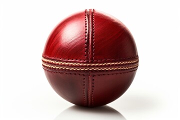 A Shiny New Test Match Cricket Ball Leather Hard Circle Stitch Closeup Picture On White Background : Generative AI