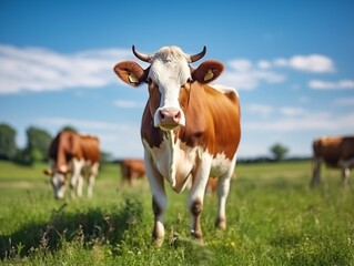 Naklejka na ściany i meble Brown milk cow grazing on green grass at farm grassland. : Generative AI
